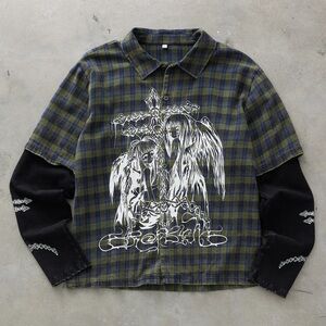 DROP DEAD Dark Moon Layered Plaid Green Flannel Shirt